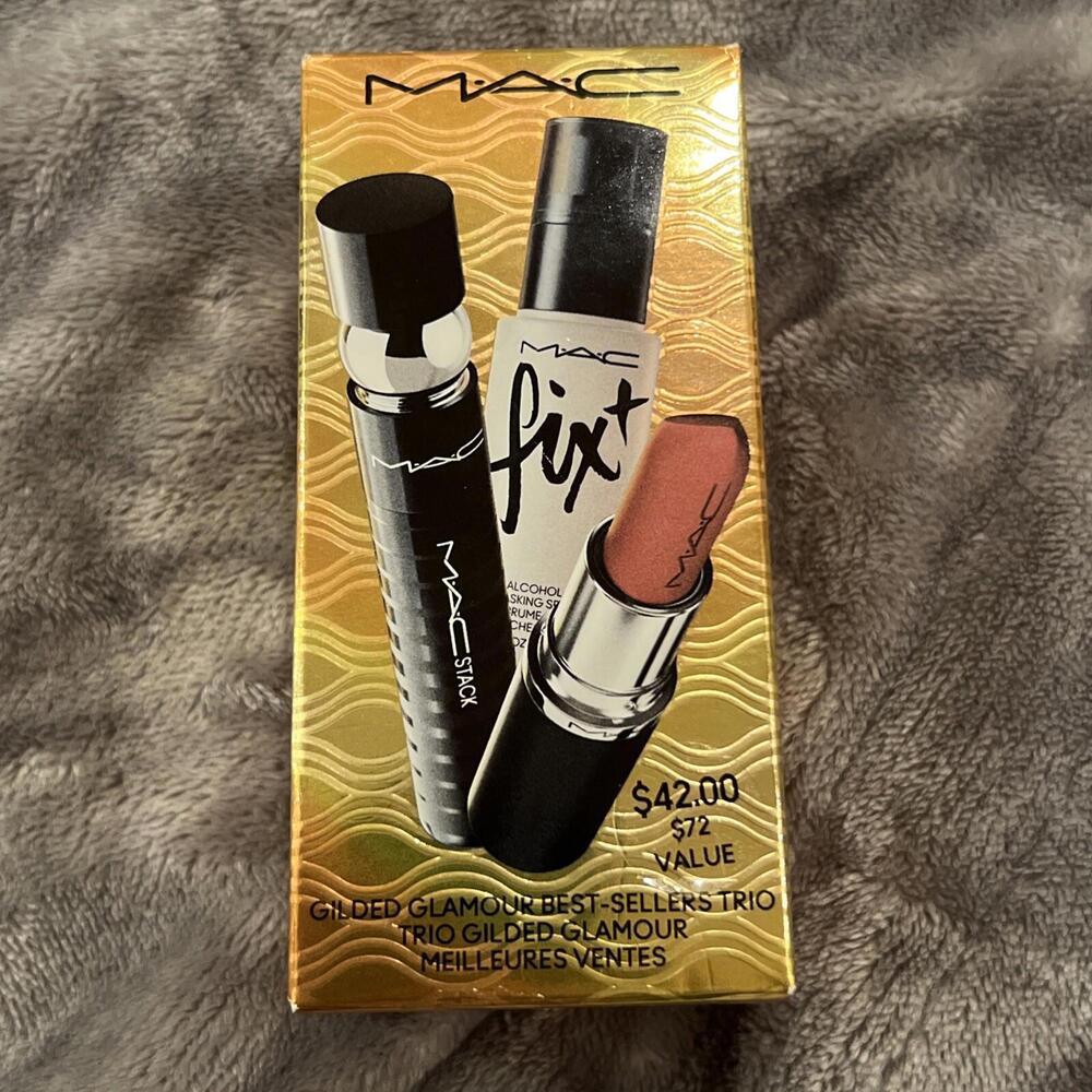 MAC GILDED GLAMOUR BEST SELLERS TRIO MASCARA LIPSTICK WARM TEDDY 1Fix Setting